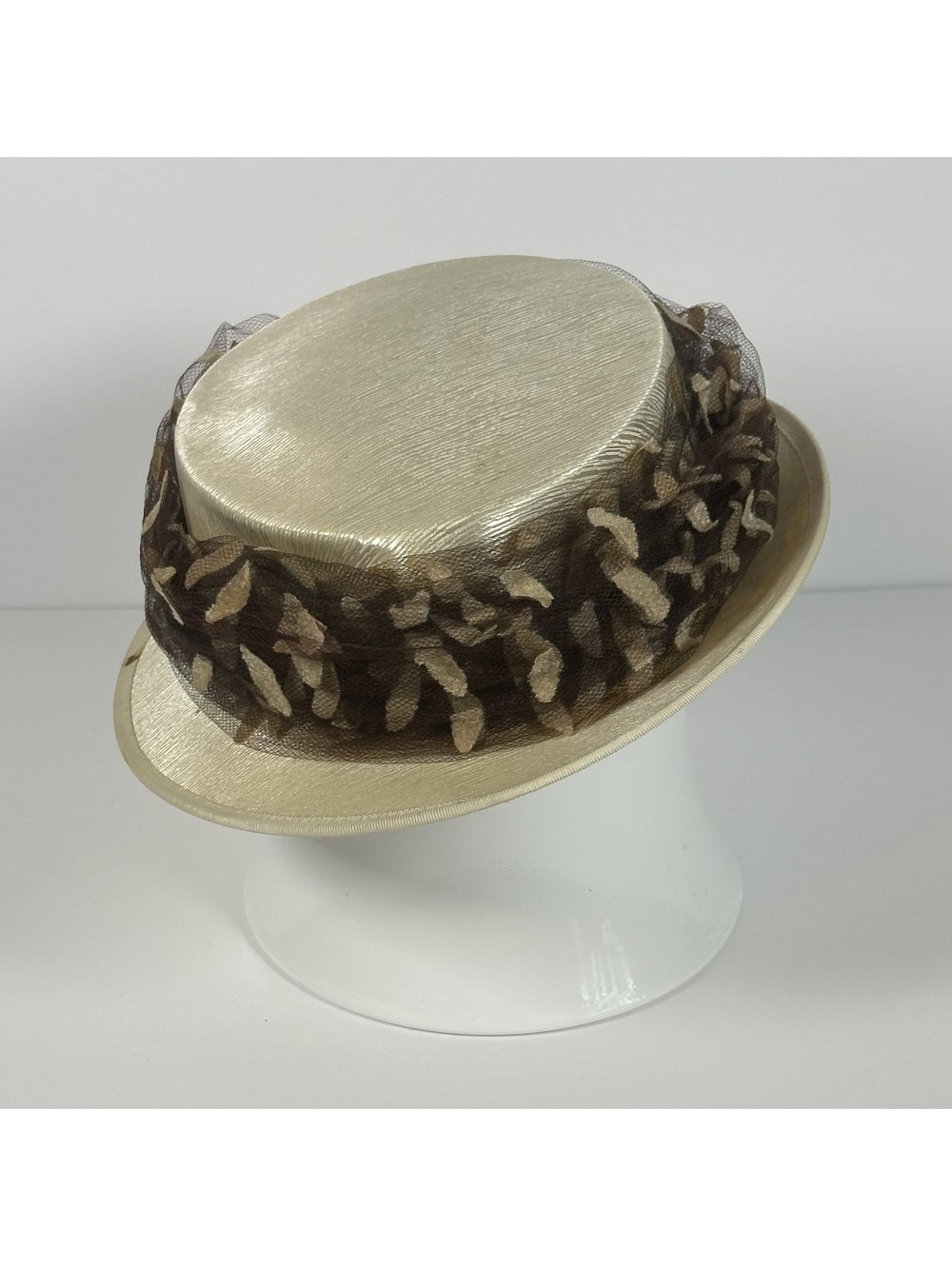Vintage Ladies' Ivory Satin Hat with Brown Leaf Detail